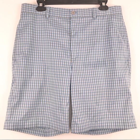 Greg Norman Blue and Gray Gingham Plaid Golf Shorts - Picture 1 of 8